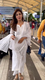 Rhea Chakraborty in Motiya - Egg White Chanderi Embroidered Suit Set.