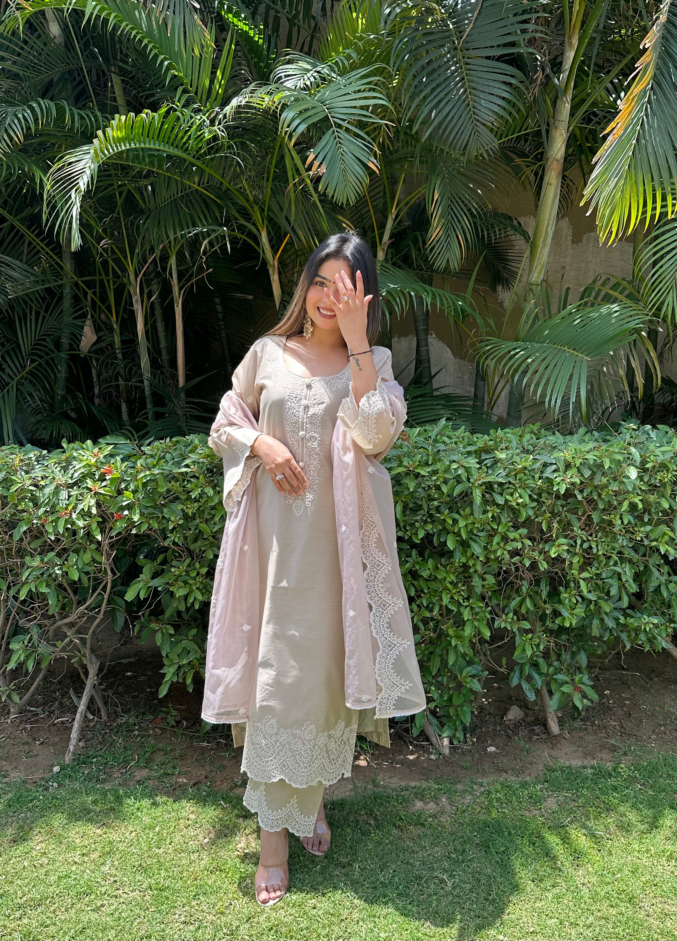 Heena Sachdeva in in Hazel Beige Chanderi Suit Set