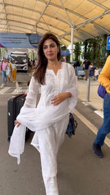 Rhea Chakraborty in Motiya - Egg White Chanderi Embroidered Suit Set.