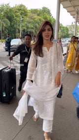 Rhea Chakraborty in Motiya - Egg White Chanderi Embroidered Suit Set.