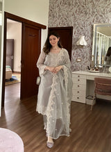Sana Grover in Silver Grey Chanderi Suit Set