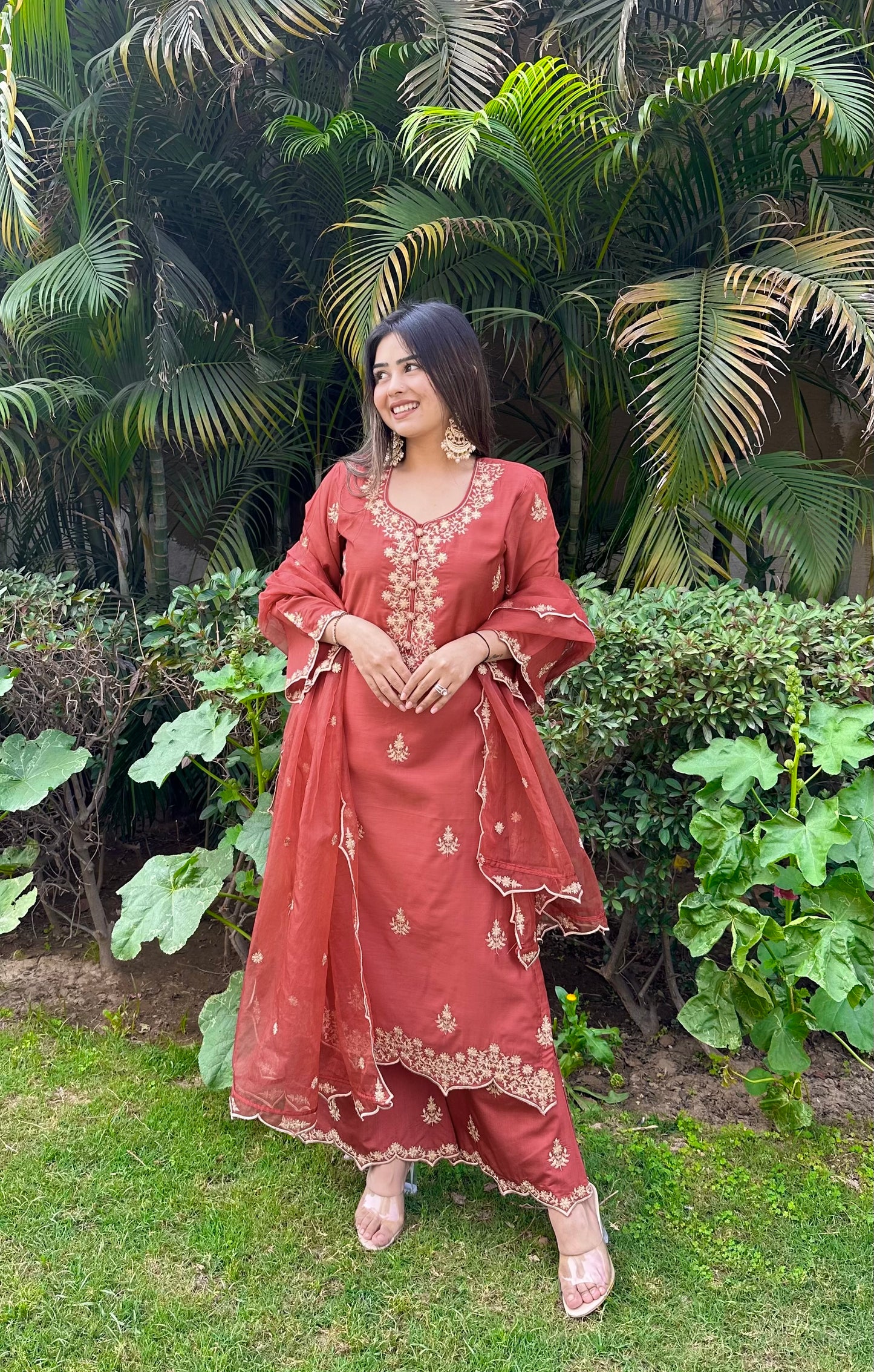 Heena Sachdeva in Rust Chanderi Suit Set