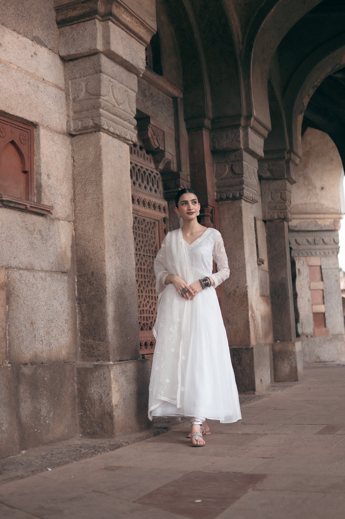 Shreya Lakhani in Aseem Ivory White Embroidered Anarkali Gown Set