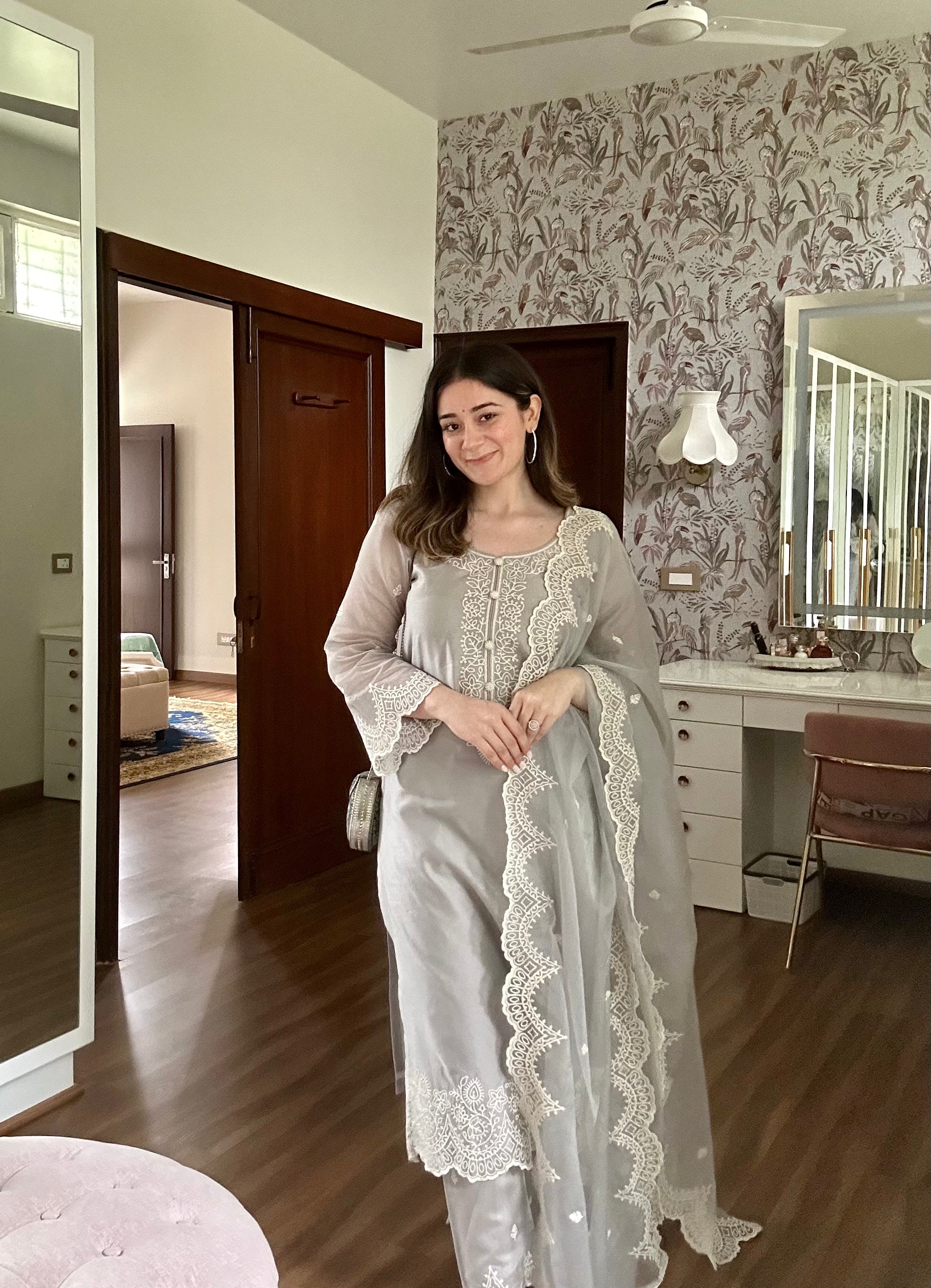 Sana Grover in Silver Grey Chanderi Suit Set