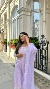 Deviya Singh in Kesar - Lavender Embroidered Suit Set.
