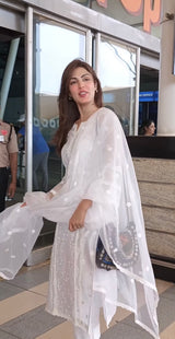 Rhea Chakraborty in Motiya - Egg White Chanderi Embroidered Suit Set.