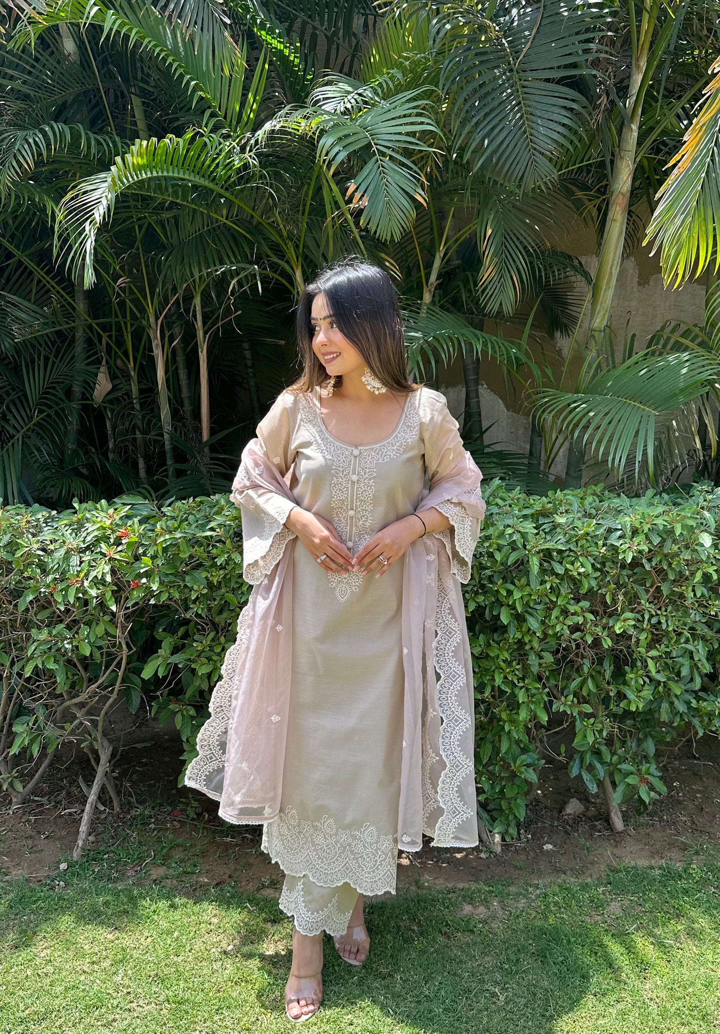 Heena Sachdeva in in Hazel Beige Chanderi Suit Set