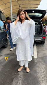 Rhea Chakraborty in Motiya - Egg White Chanderi Embroidered Suit Set.