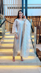 Anu Rao in Silver Grey Chanderi Suit Set