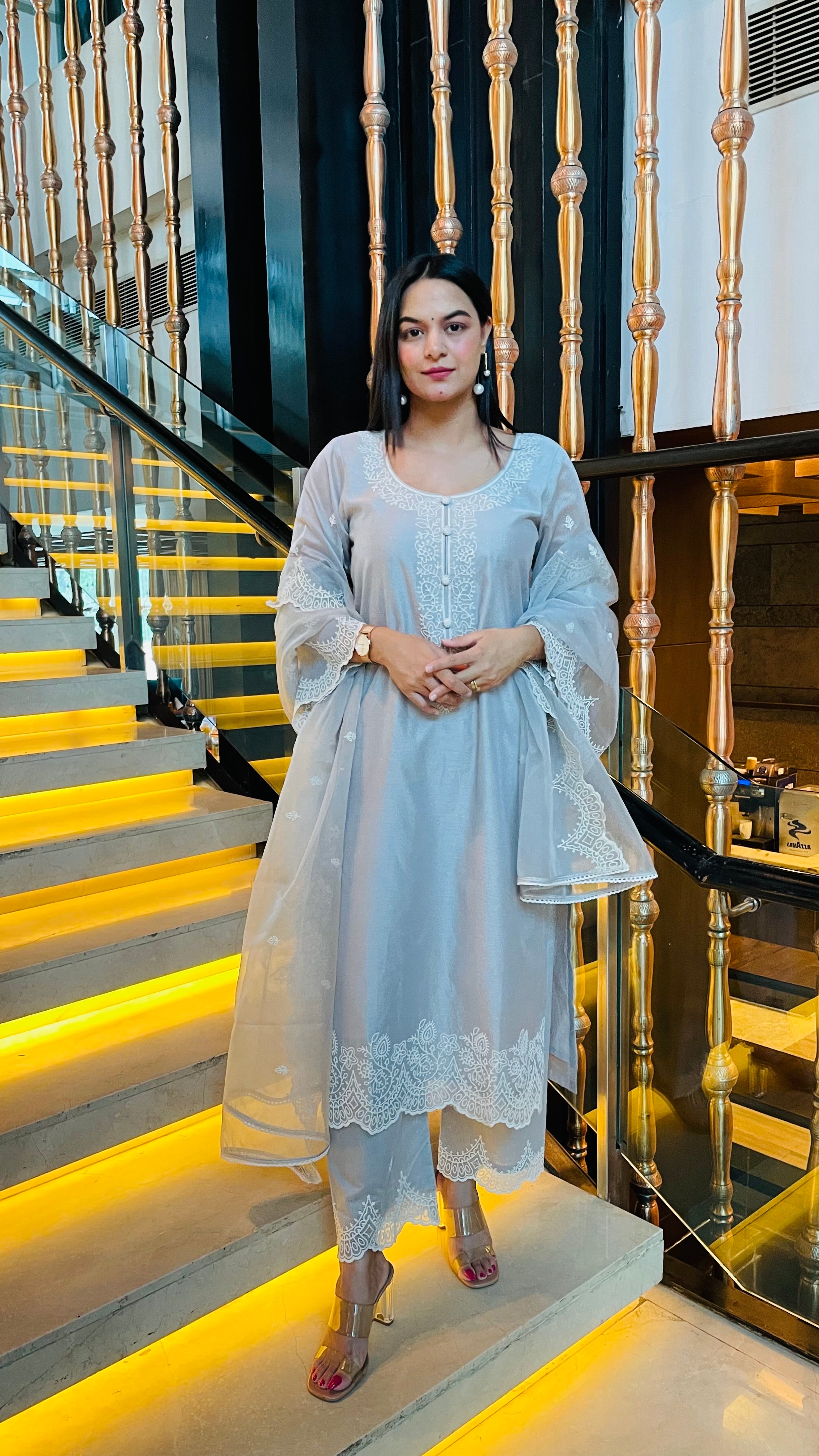 Anu Rao in Silver Grey Chanderi Suit Set