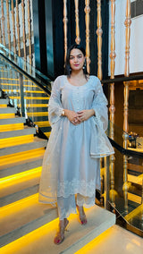 Anu Rao in Silver Grey Chanderi Suit Set