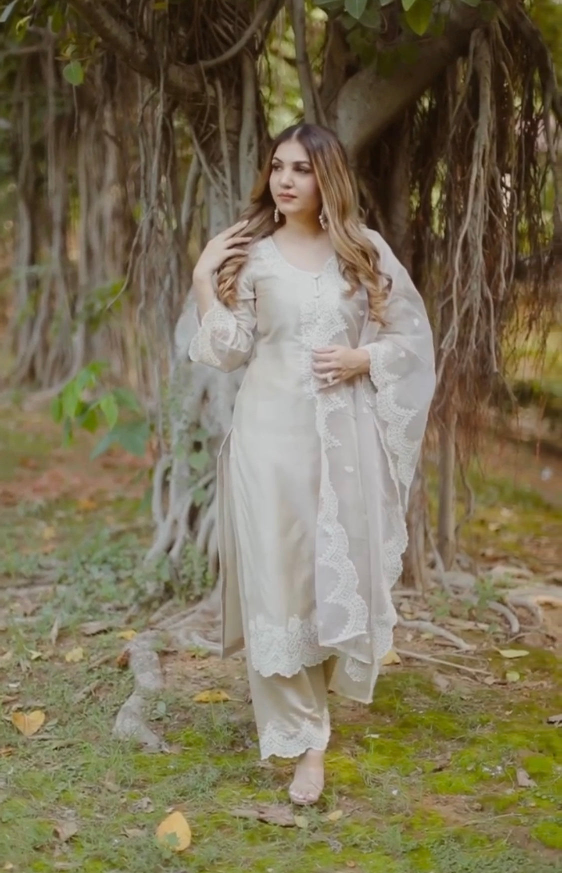 Priyanka Kamboj in Hazel Beige Chanderi Suit Set