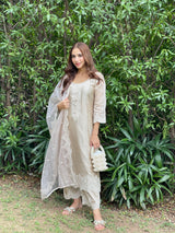 Ria Malhotra in Hazel Beige Chanderi Suit Set