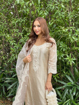 Ria Malhotra in Hazel Beige Chanderi Suit Set