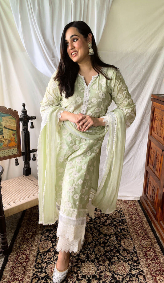 Abida Fatima in Floral Green Chanderi Suit Set