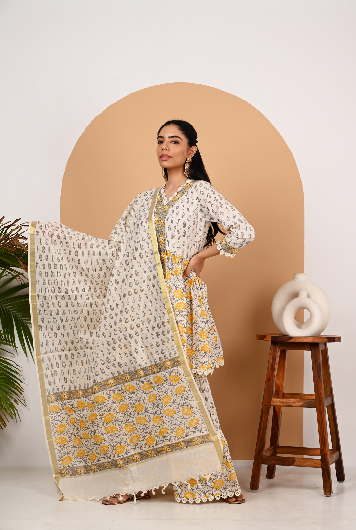 Yellow and Off White Cotton Garara Set