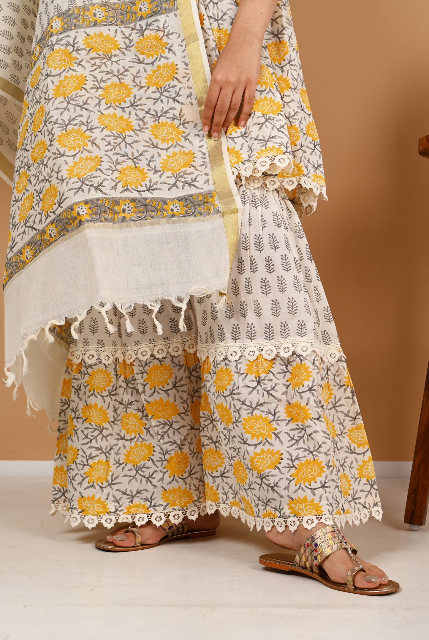 Yellow and Off White Cotton Garara Set