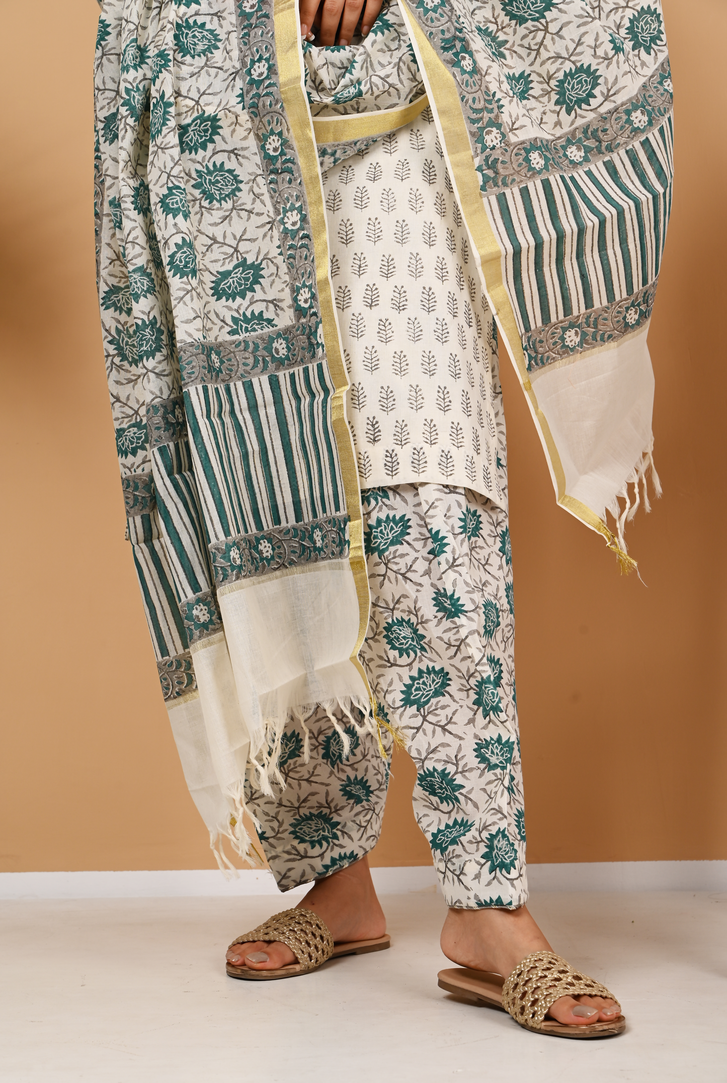 Teal and Off White Cotton Salwar Set