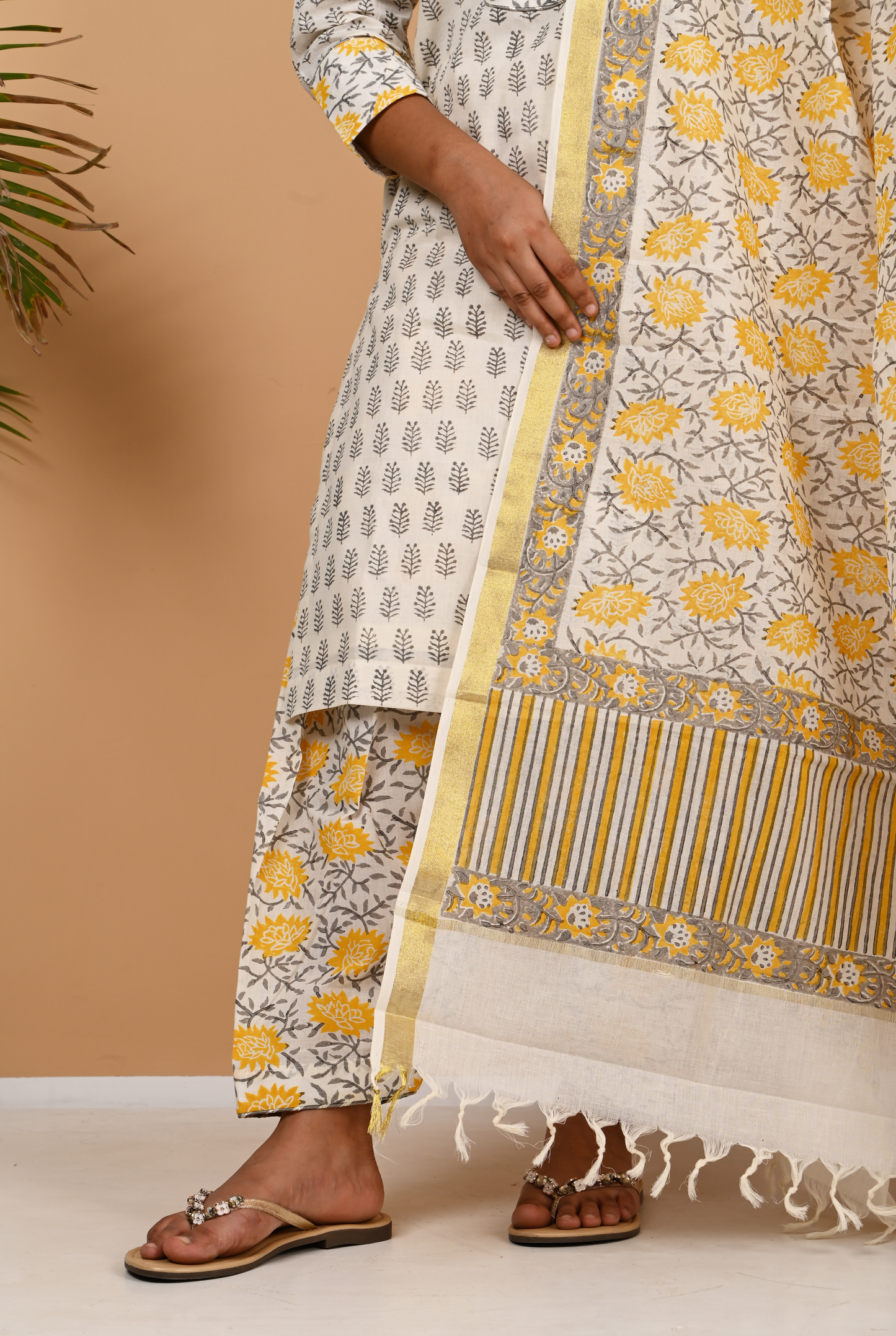 Yellow and Off White Cotton Salwar Set
