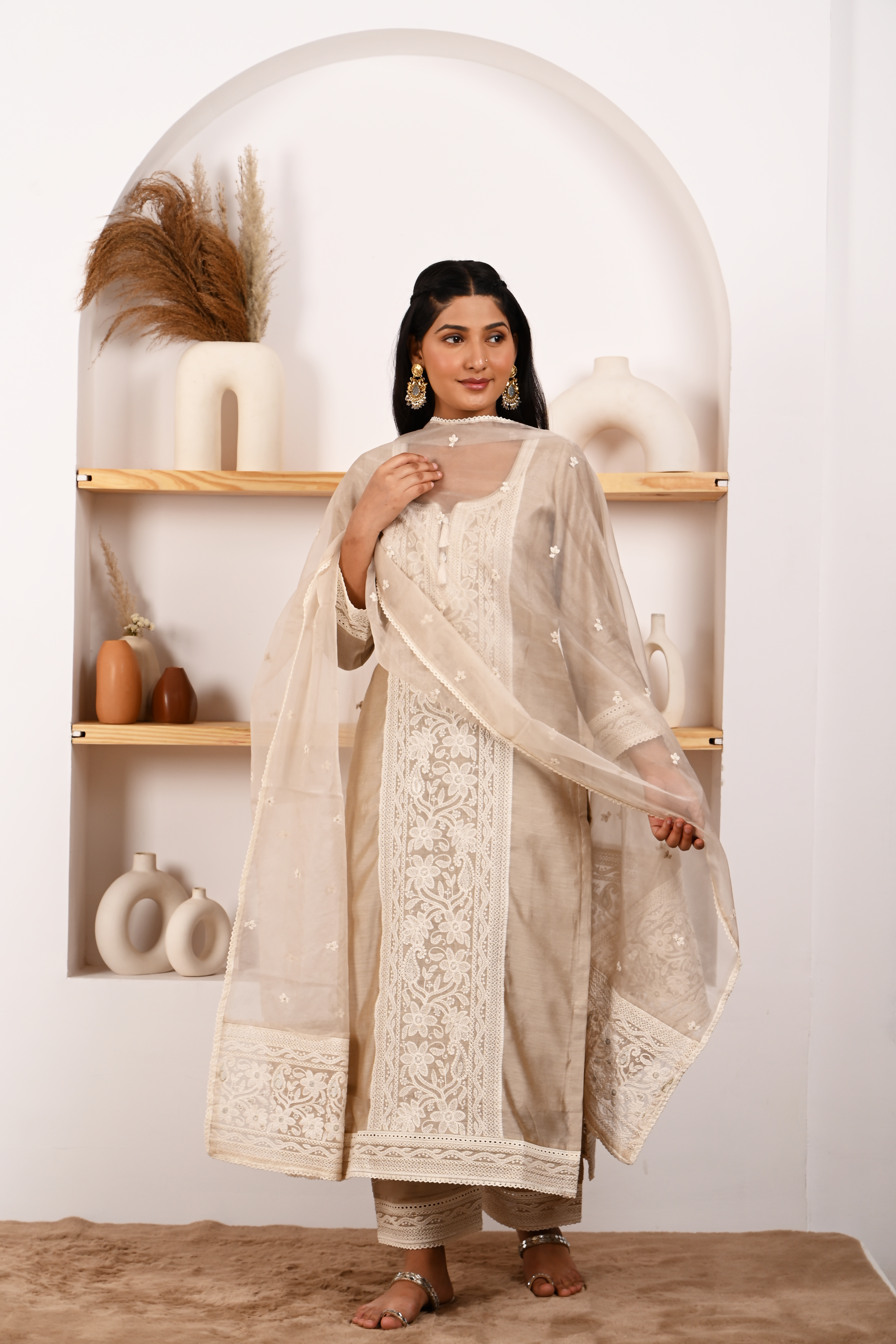 Hazel Beige Chanderi Suit Set