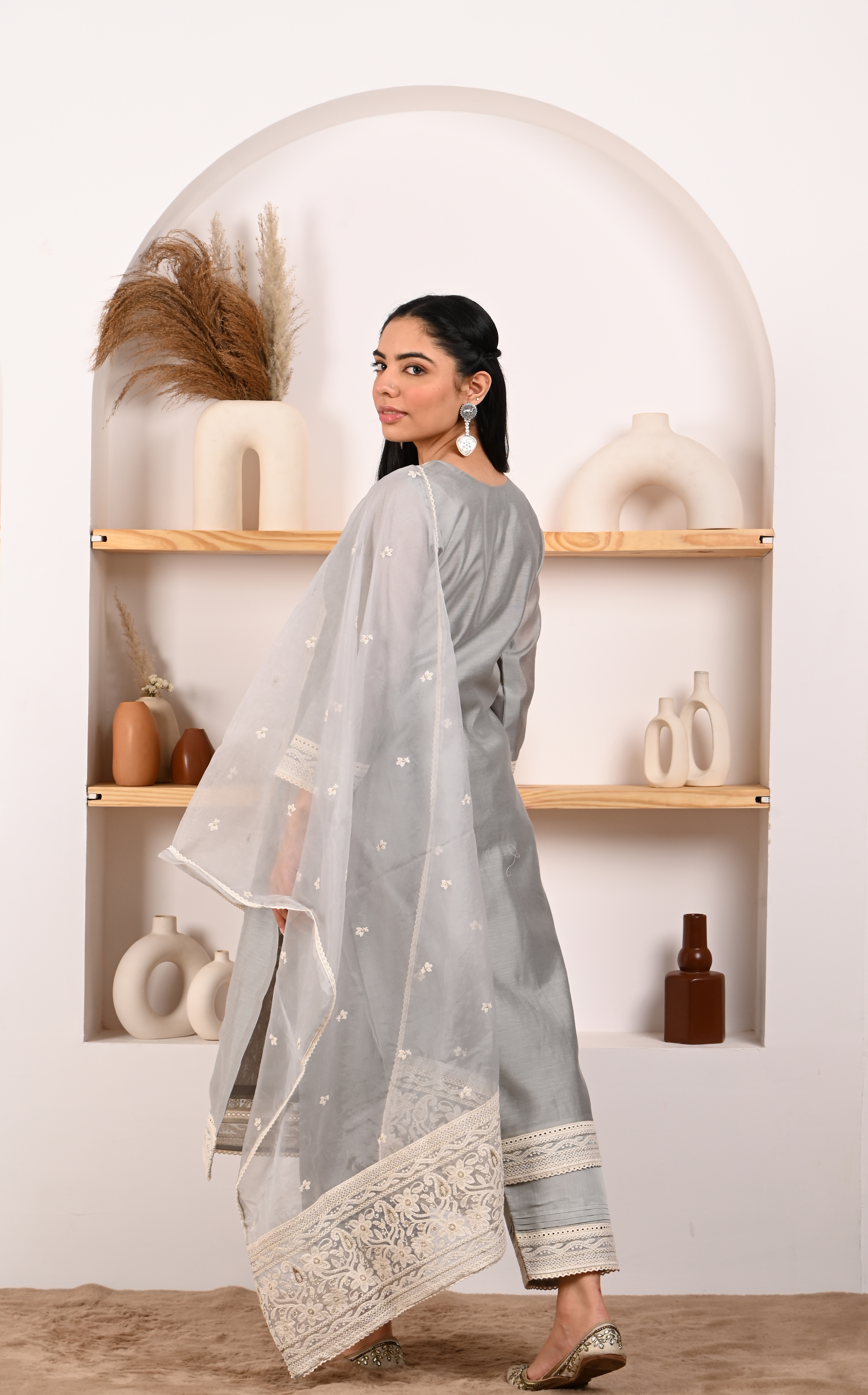 Silver Grey Chanderi Suit Set