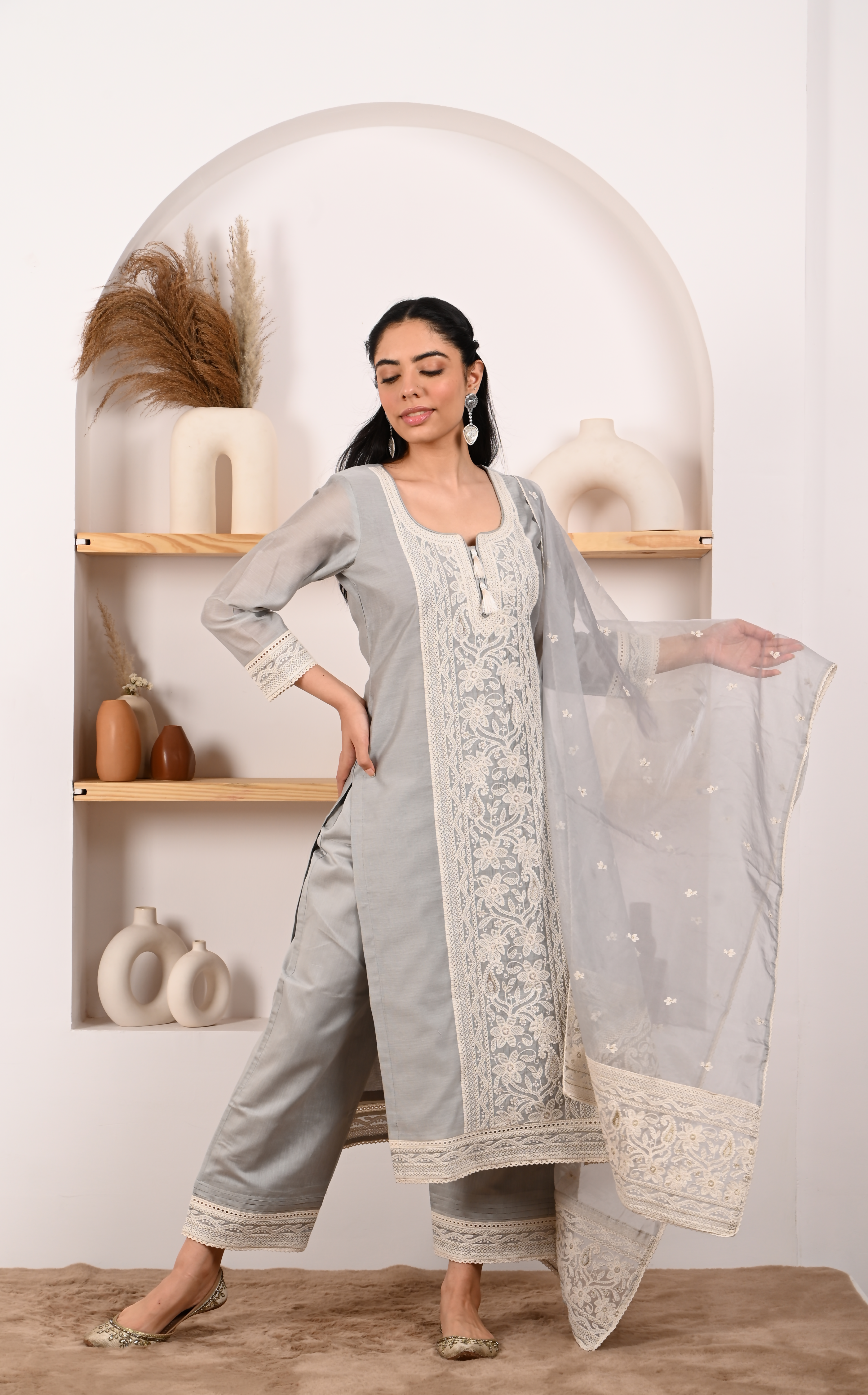 Silver Grey Chanderi Suit Set