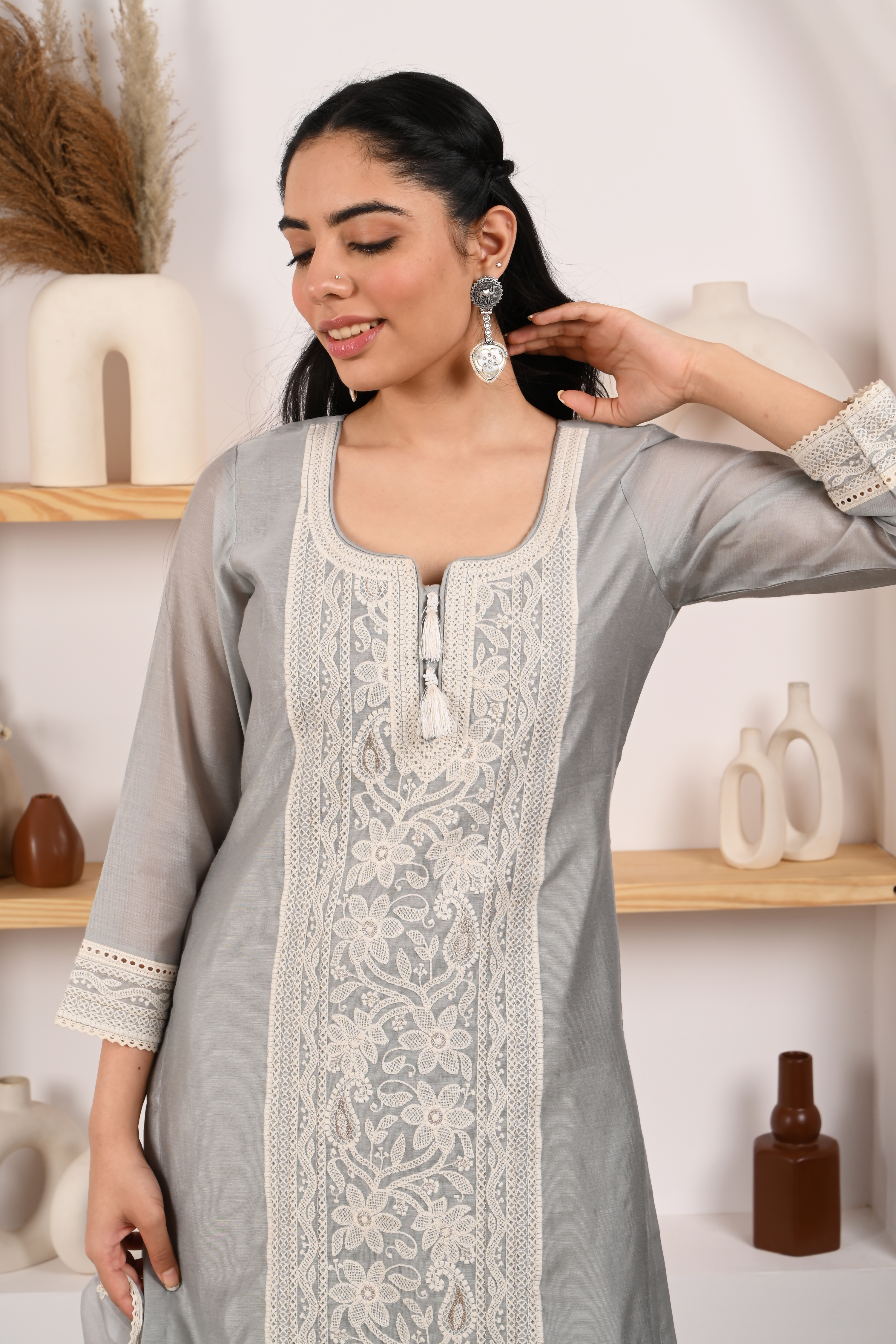 Silver Grey Chanderi Suit Set