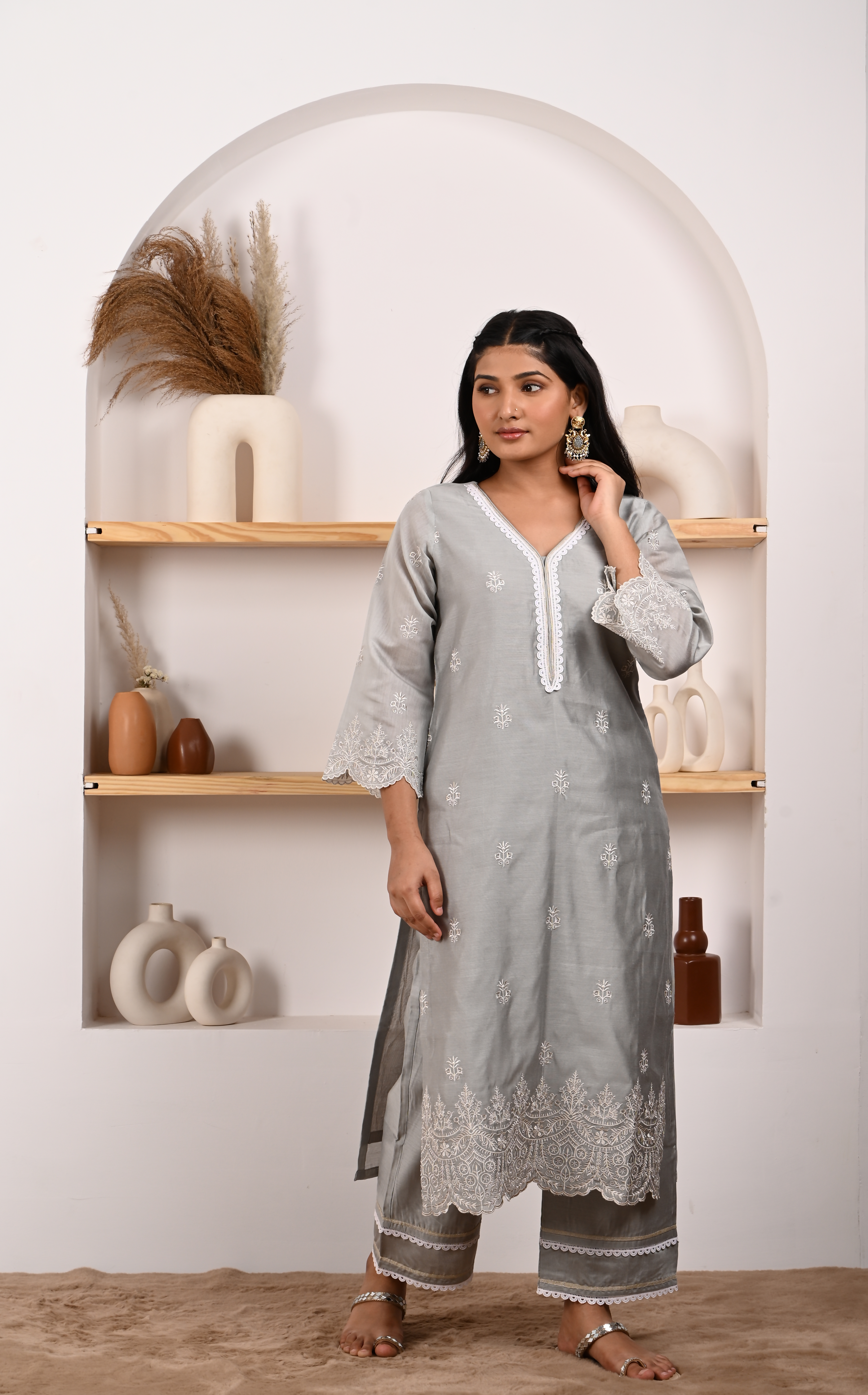 Silver Grey Chanderi Suit Set