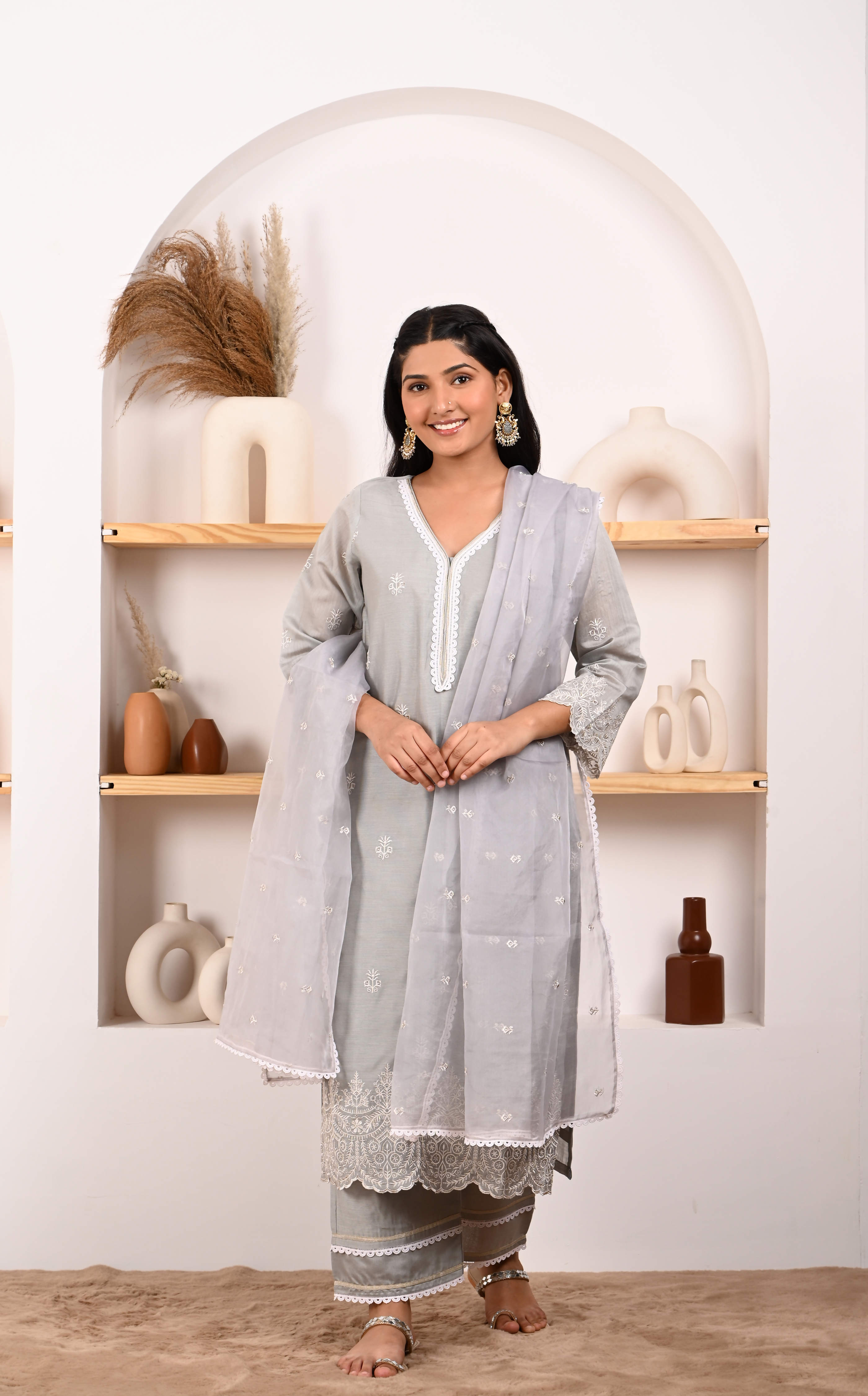 Silver Grey Chanderi Suit Set