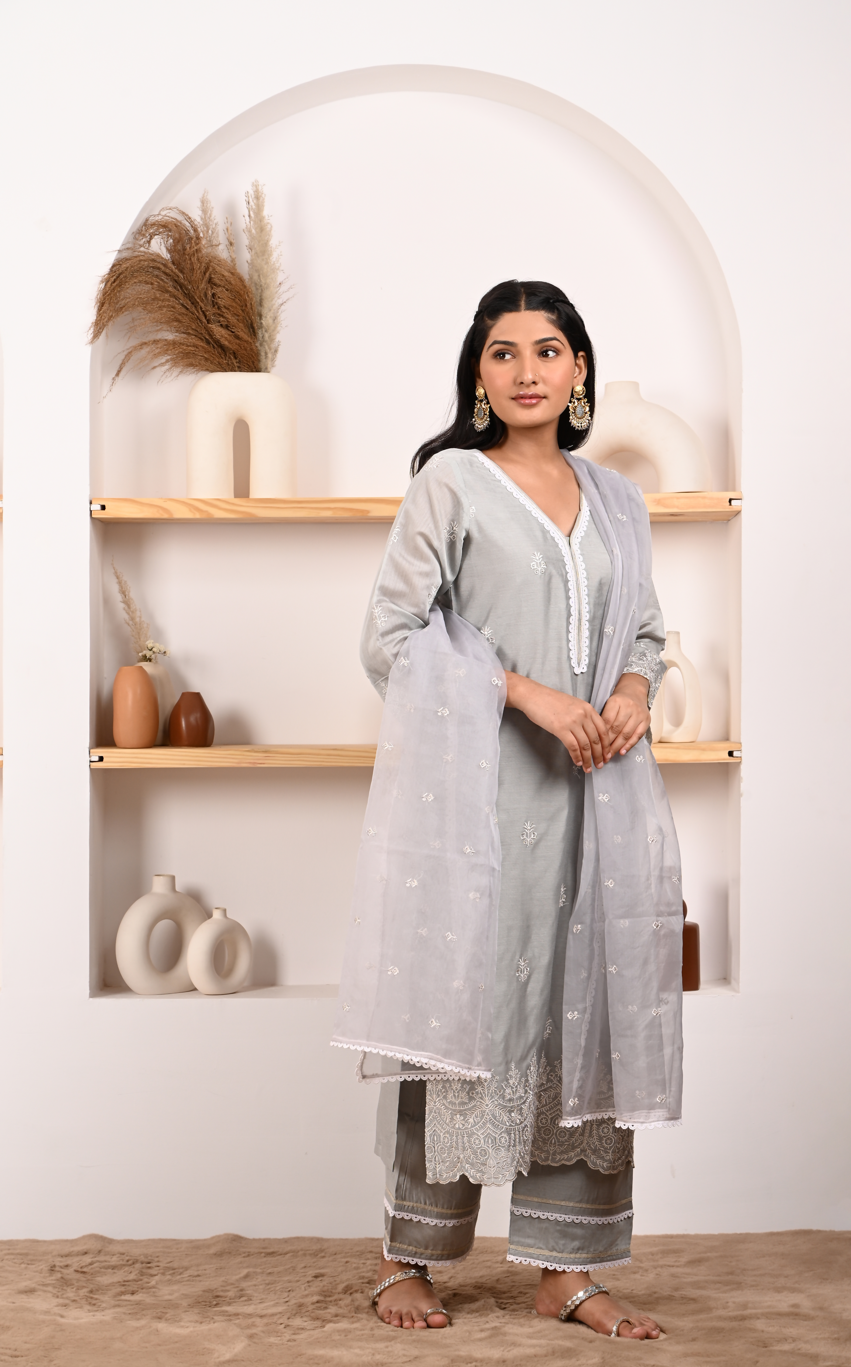 Silver Grey Chanderi Suit Set