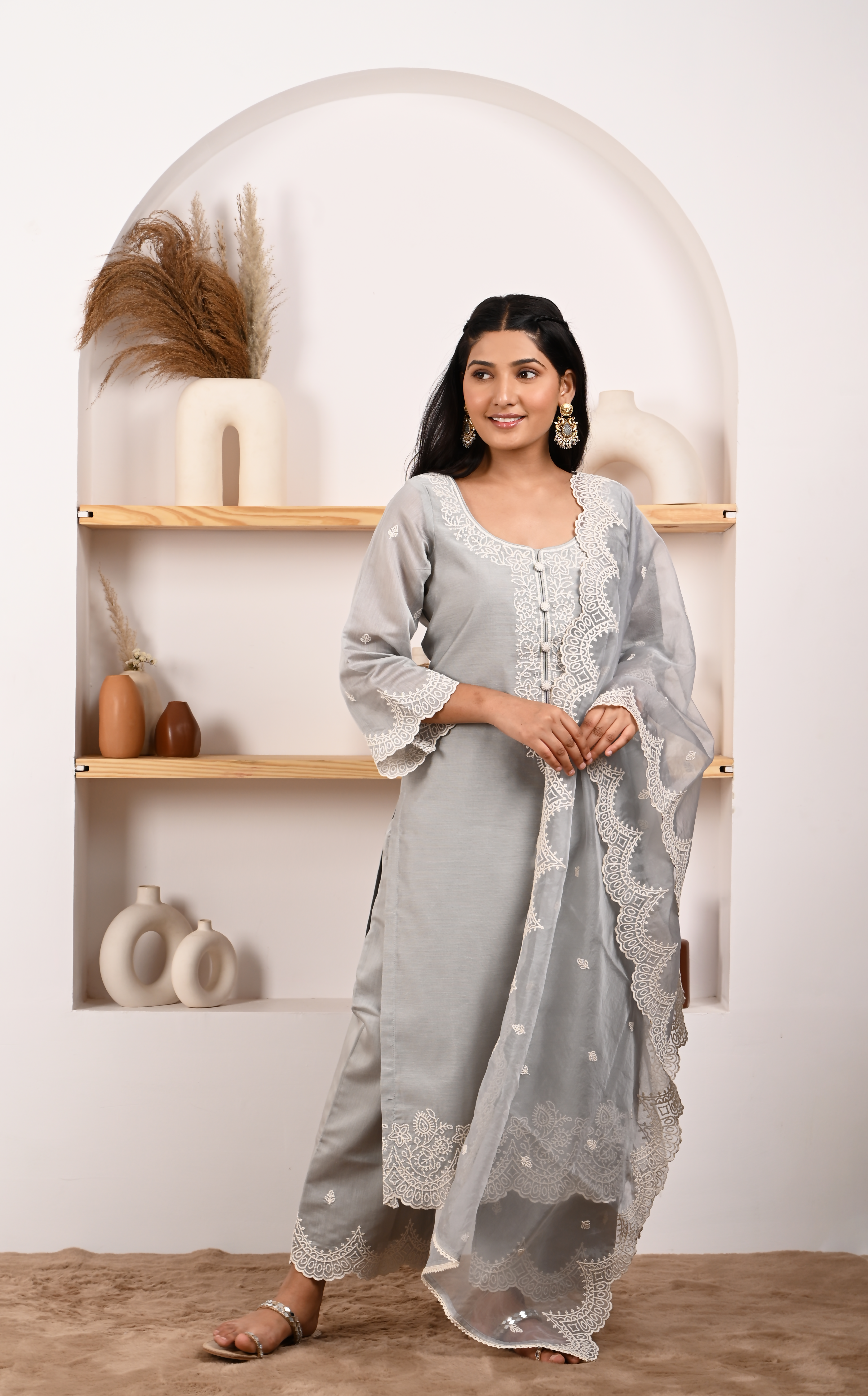 Silver Grey Chanderi Suit Set