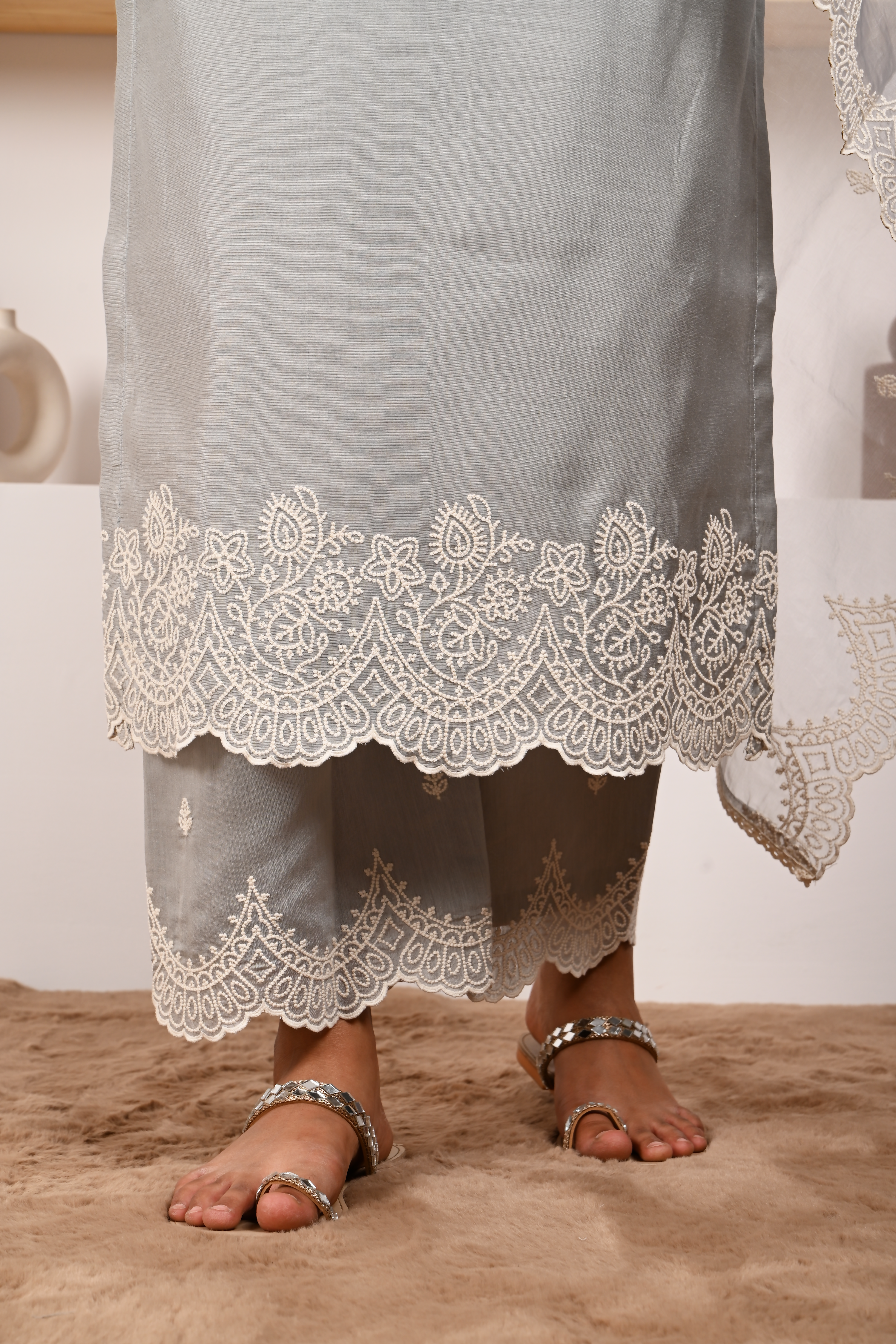 Silver Grey Chanderi Suit Set