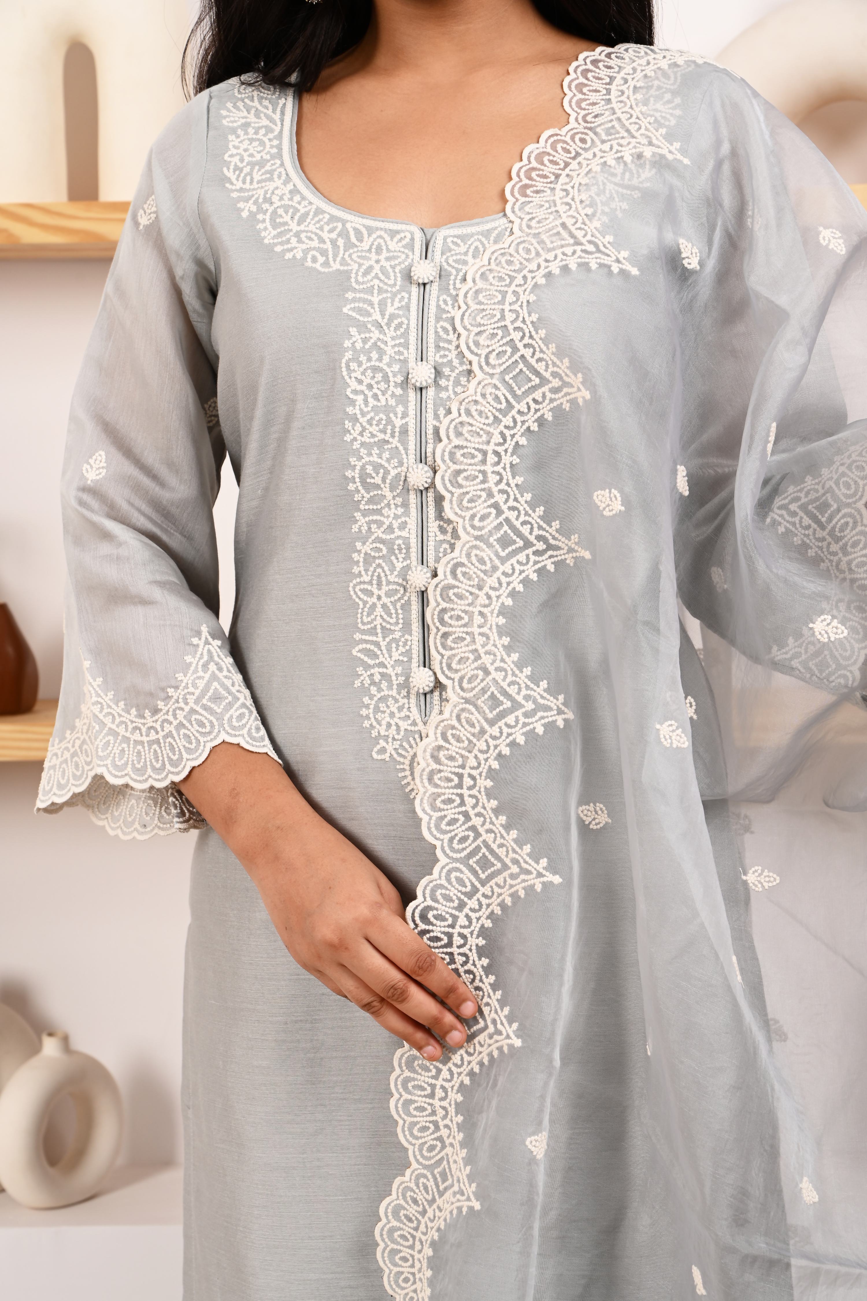 Silver Grey Chanderi Suit Set