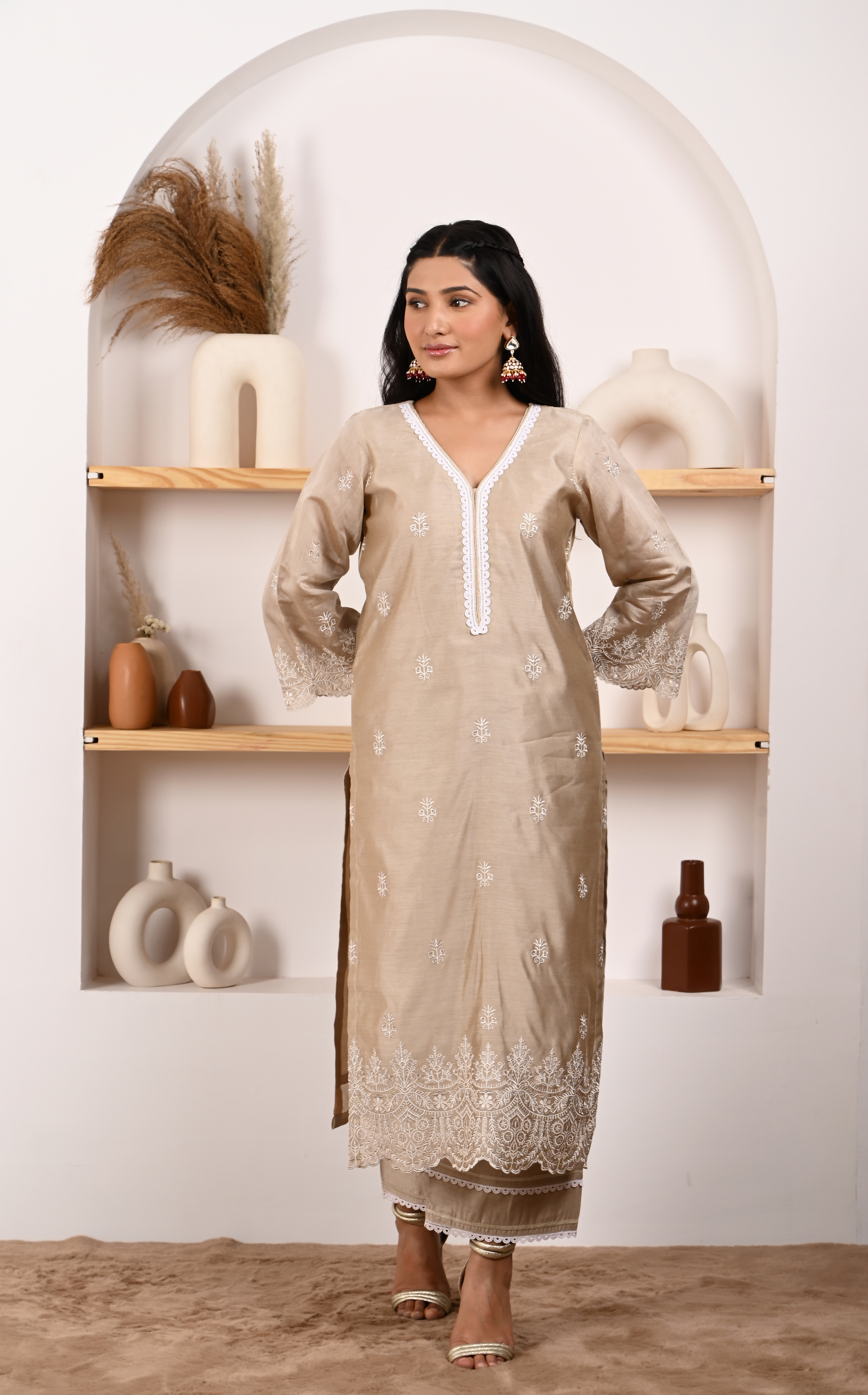 Hazel Beige Chanderi Suit Set
