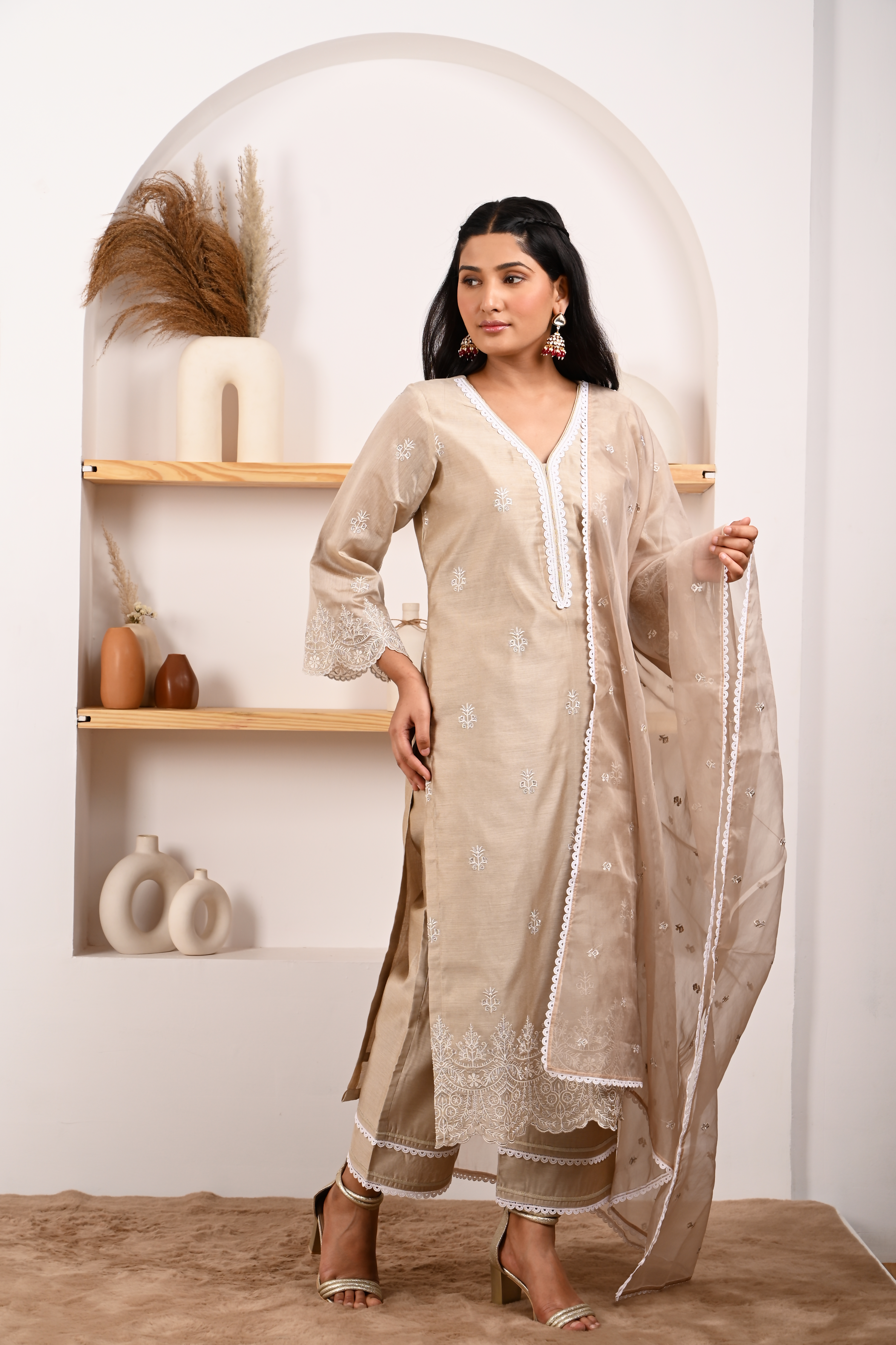 Hazel Beige Chanderi Suit Set