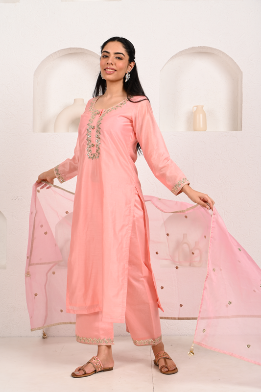 Peach Pink Chanderi Suit Set