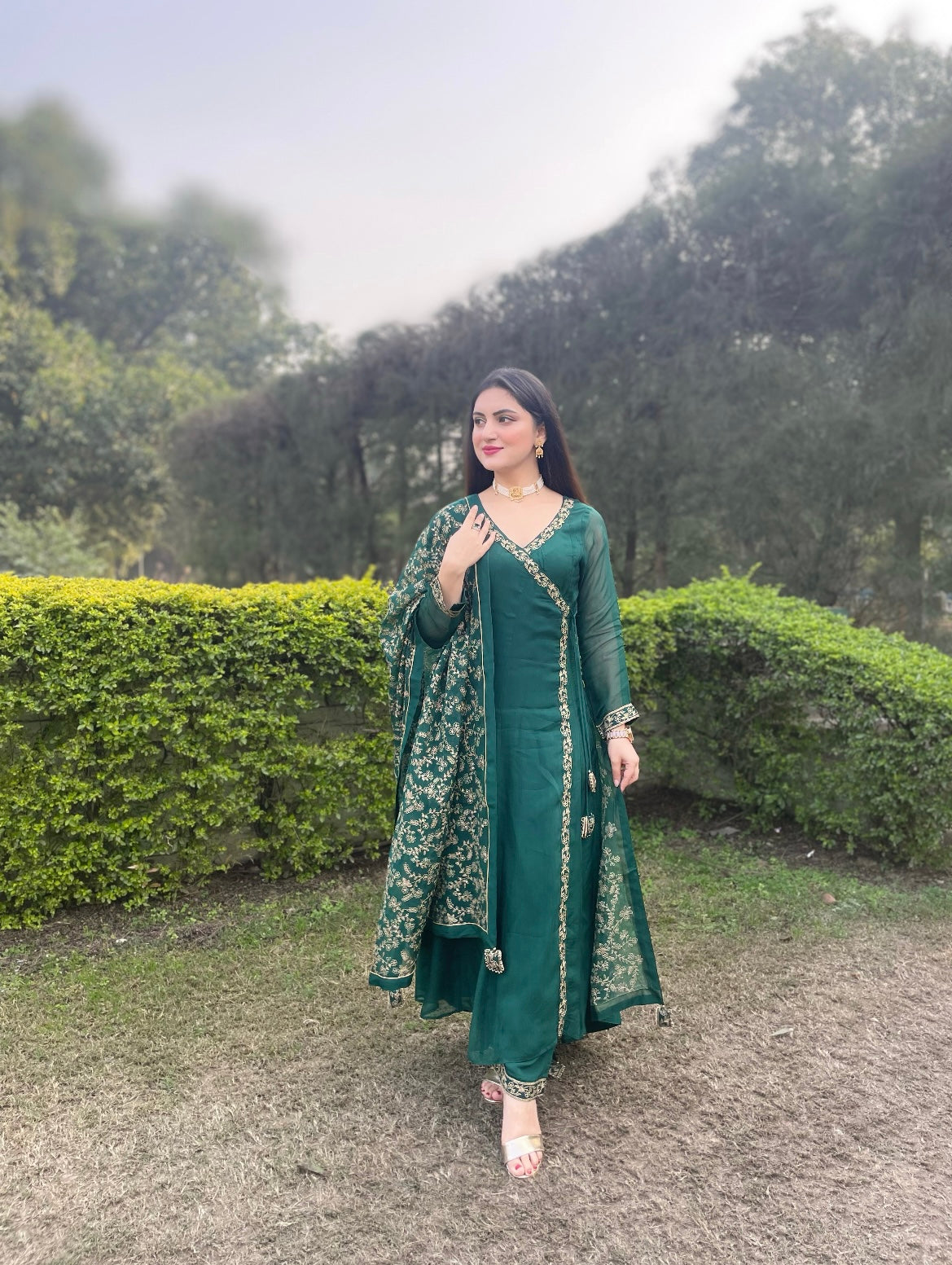 Sheenam Rajta in Sunehri Green Angrakha Anarkali Set