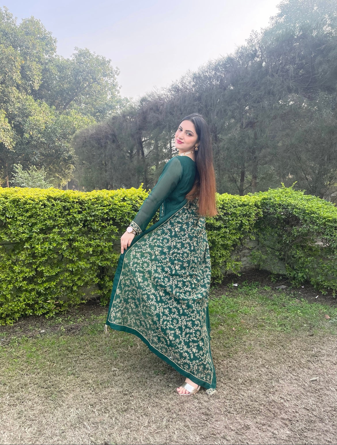 Sheenam Rajta in Sunehri Green Angrakha Anarkali Set