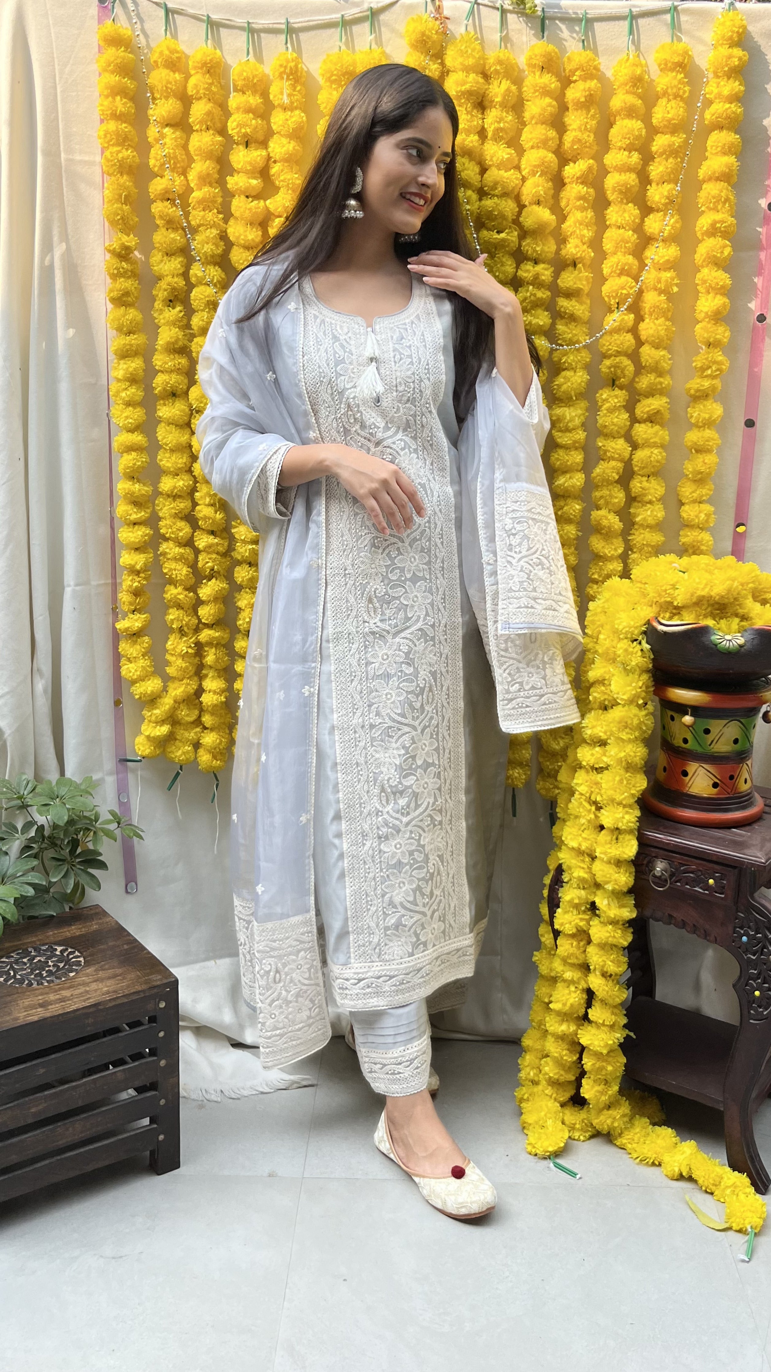 Ira Sharma in Silver Grey Chanderi Suit Set
