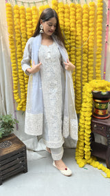 Ira Sharma in Silver Grey Chanderi Suit Set
