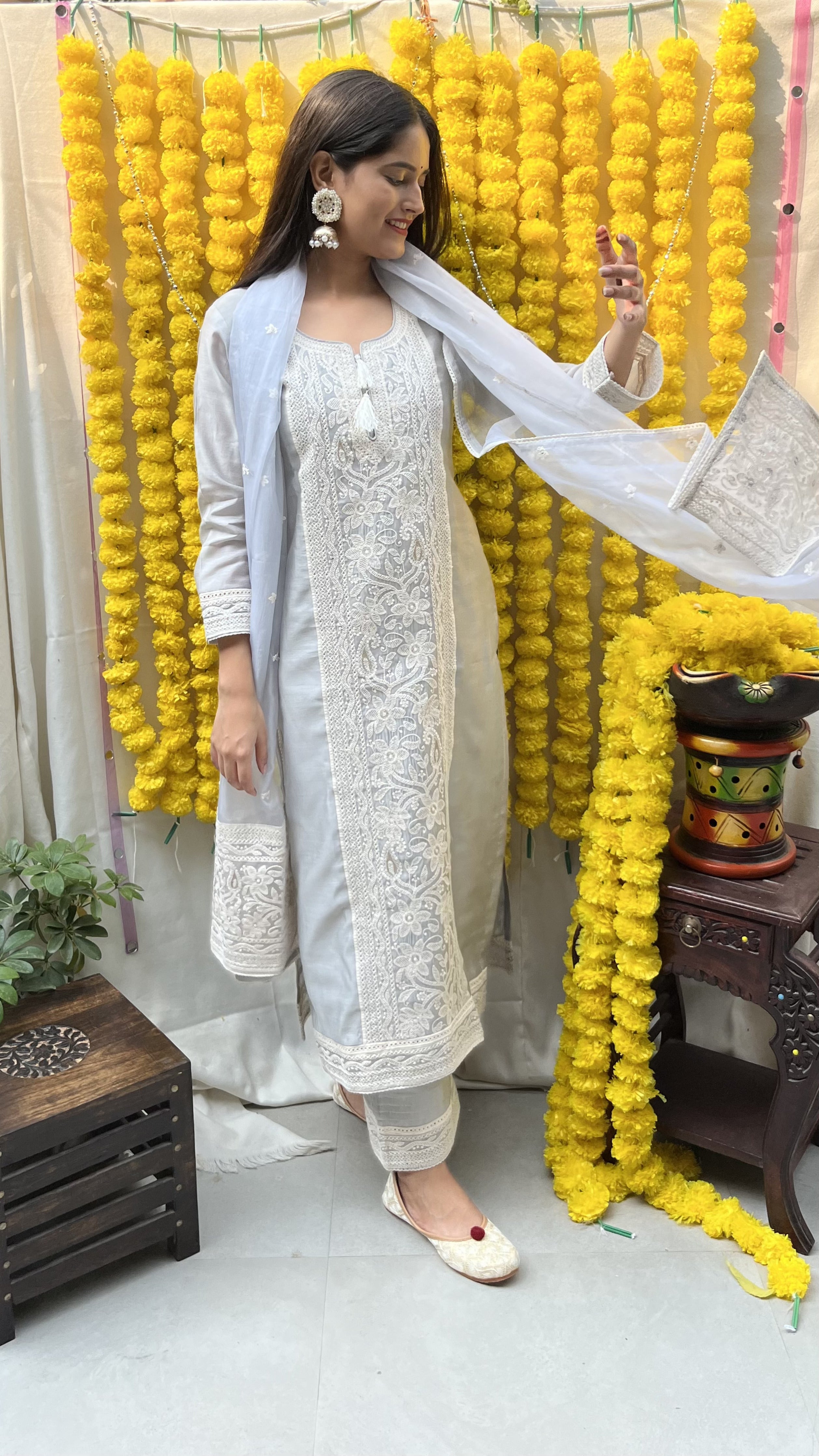 Ira Sharma in Silver Grey Chanderi Suit Set