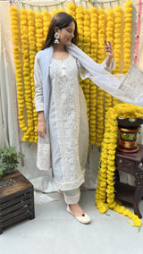Ira Sharma in Silver Grey Chanderi Suit Set