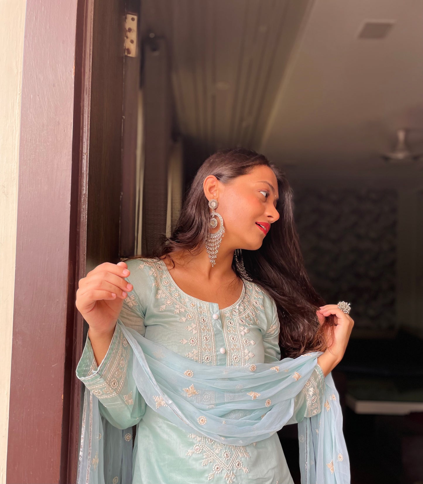 Riya Karamchandani in Tiffany Blue Chanderi Suit Set