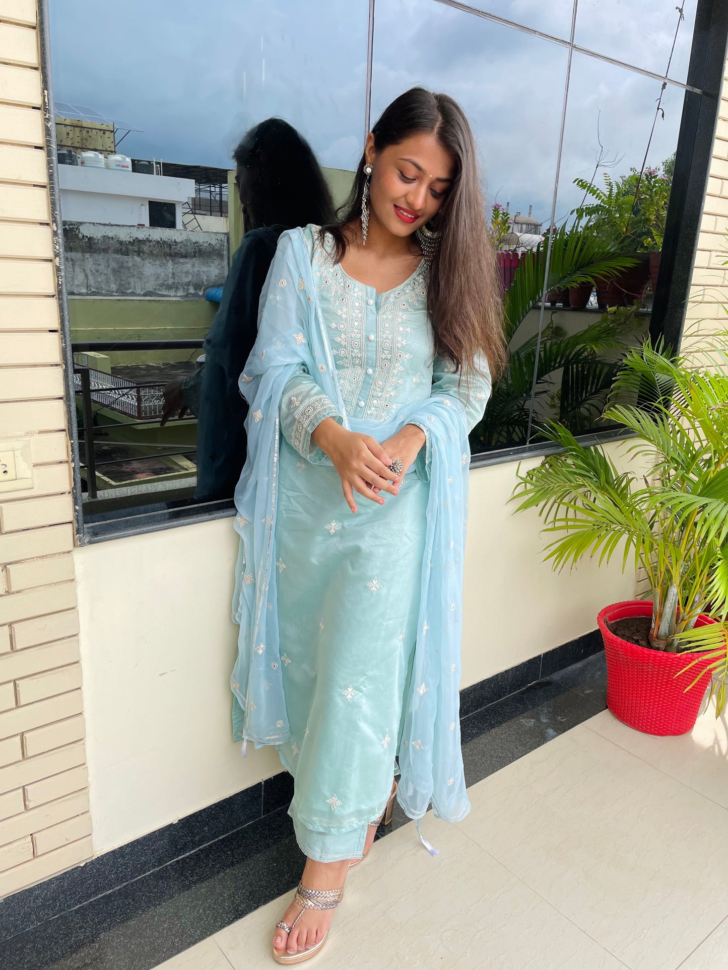 Riya Karamchandani in Tiffany Blue Chanderi Suit Set