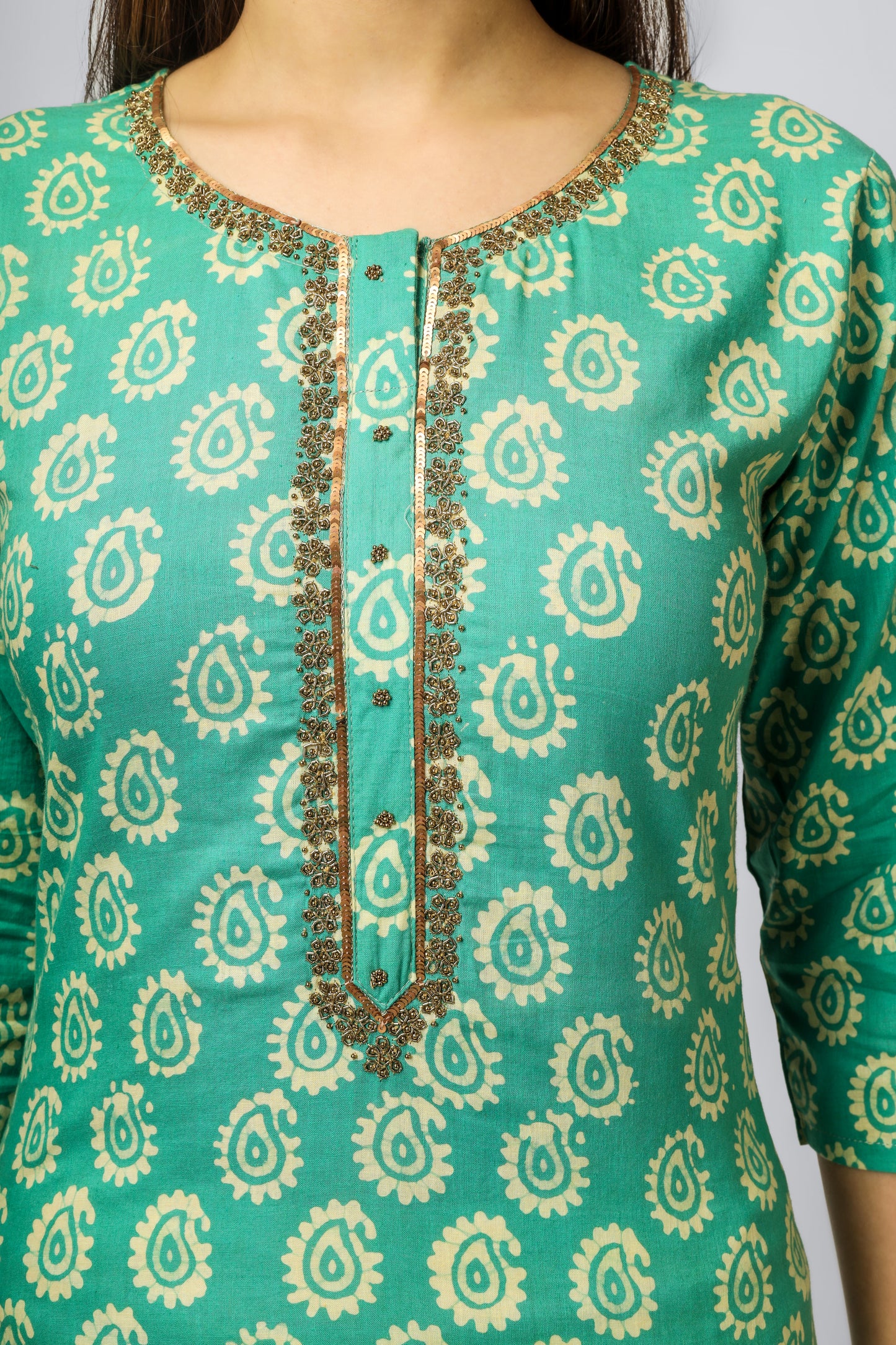 Green Cotton Batik Kurti Set