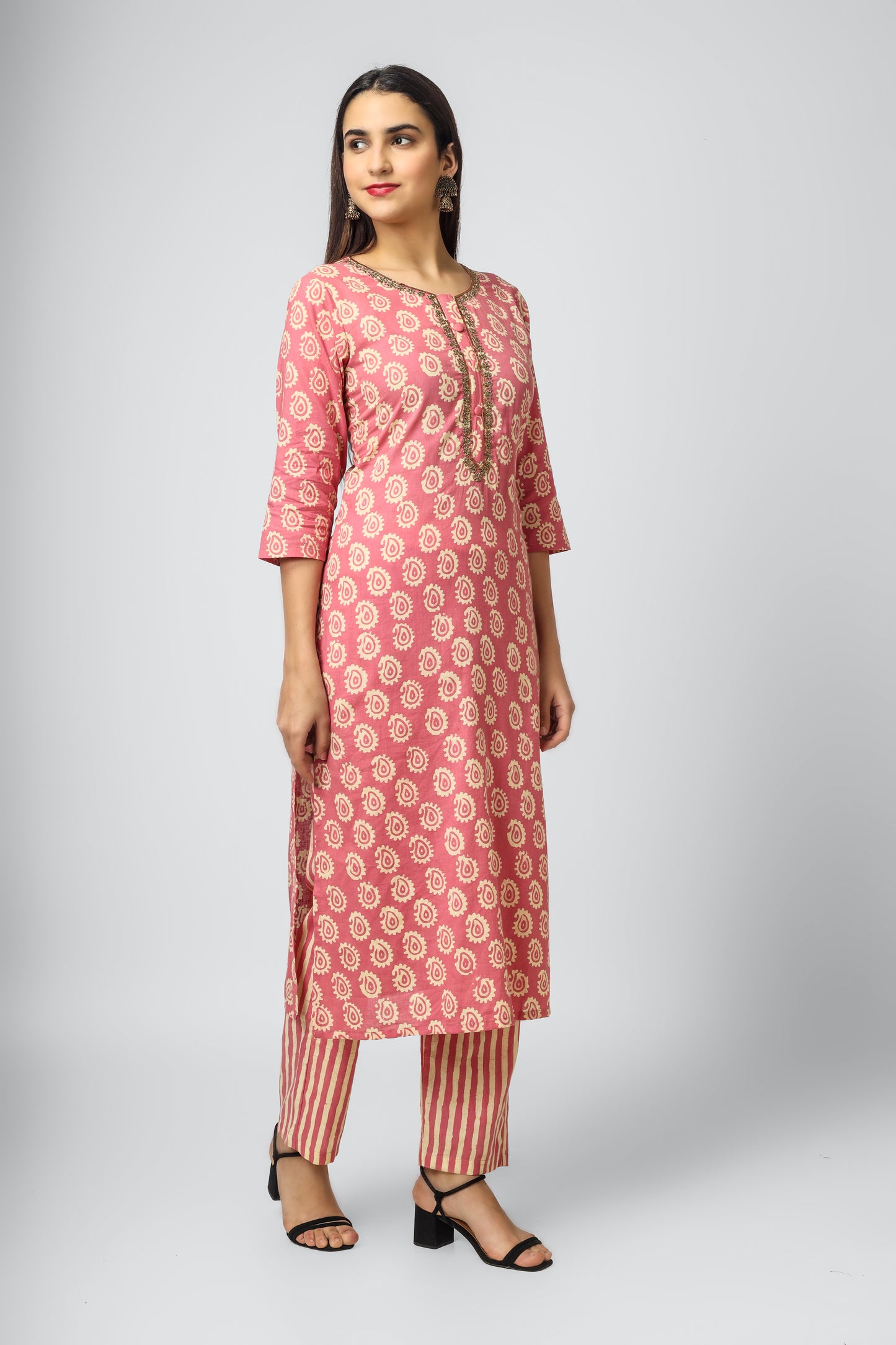 Pink Cotton Batik Kurti Set