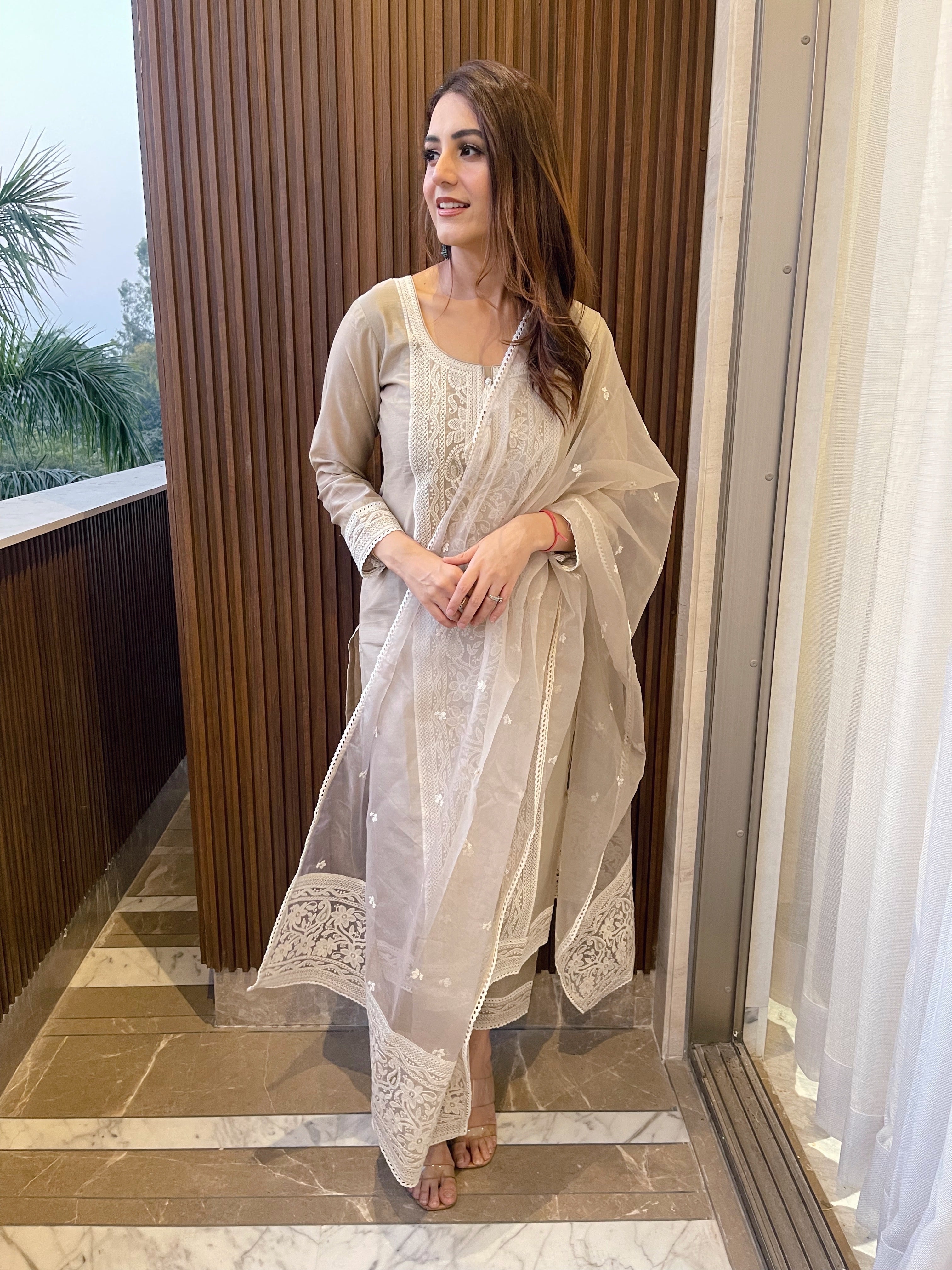Rubal Wadhwa in Hazel Beige Chanderi Suit Set