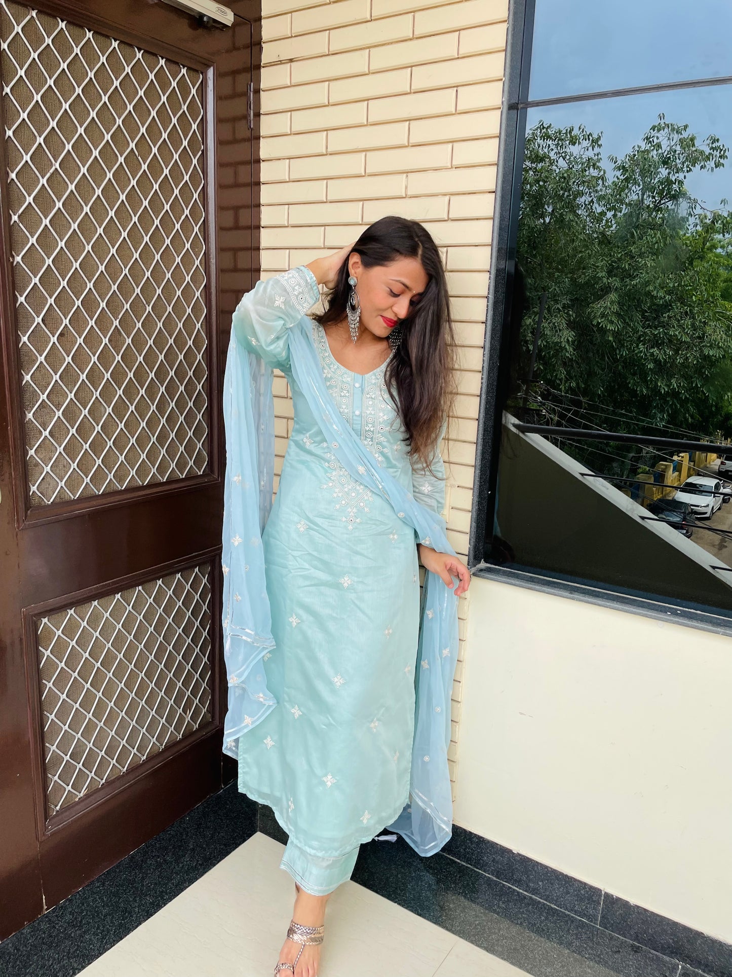 Riya Karamchandani in Tiffany Blue Chanderi Suit Set