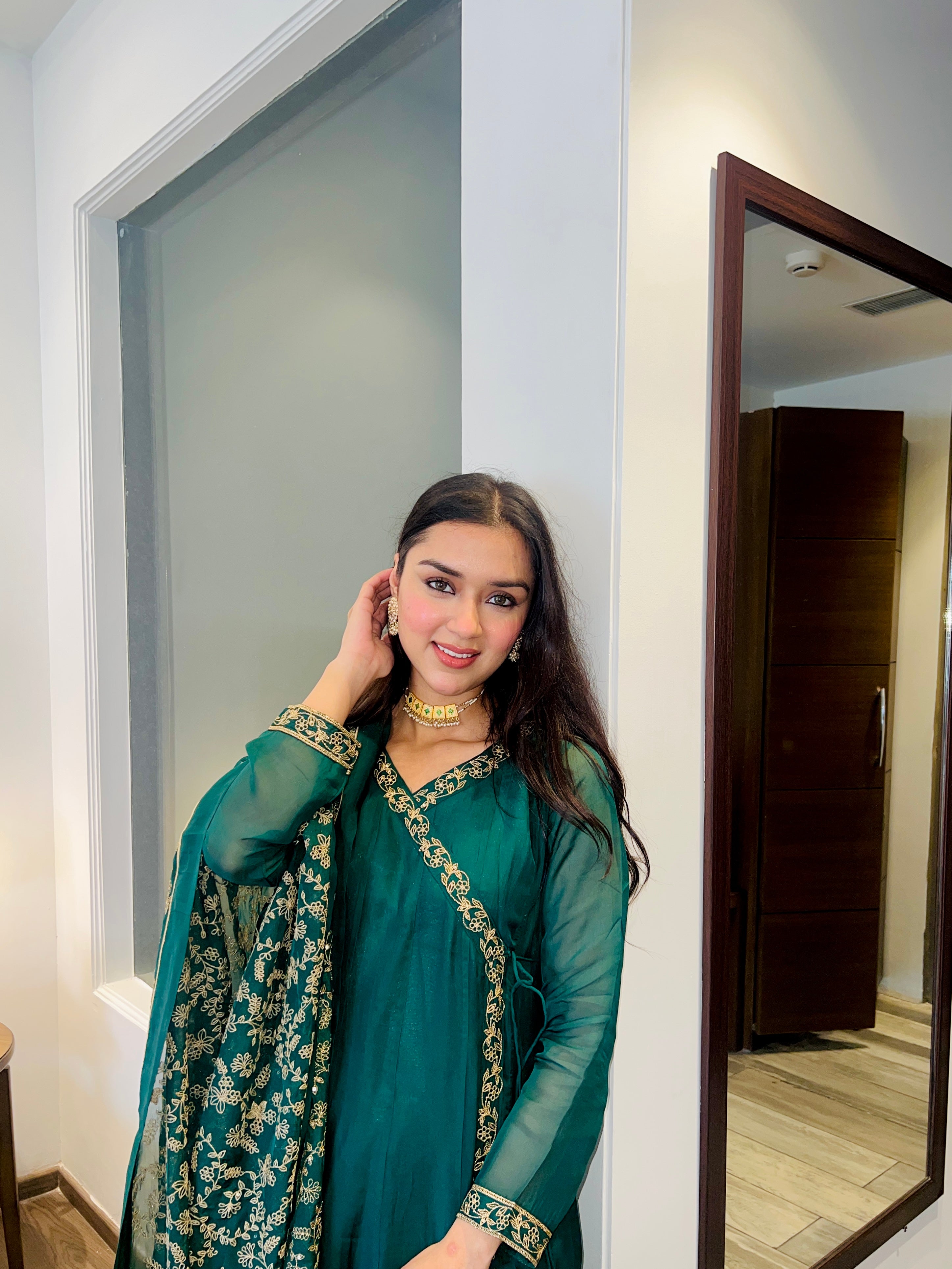 Simran Narang in Sunehri Green Angrakha Anarkali Set