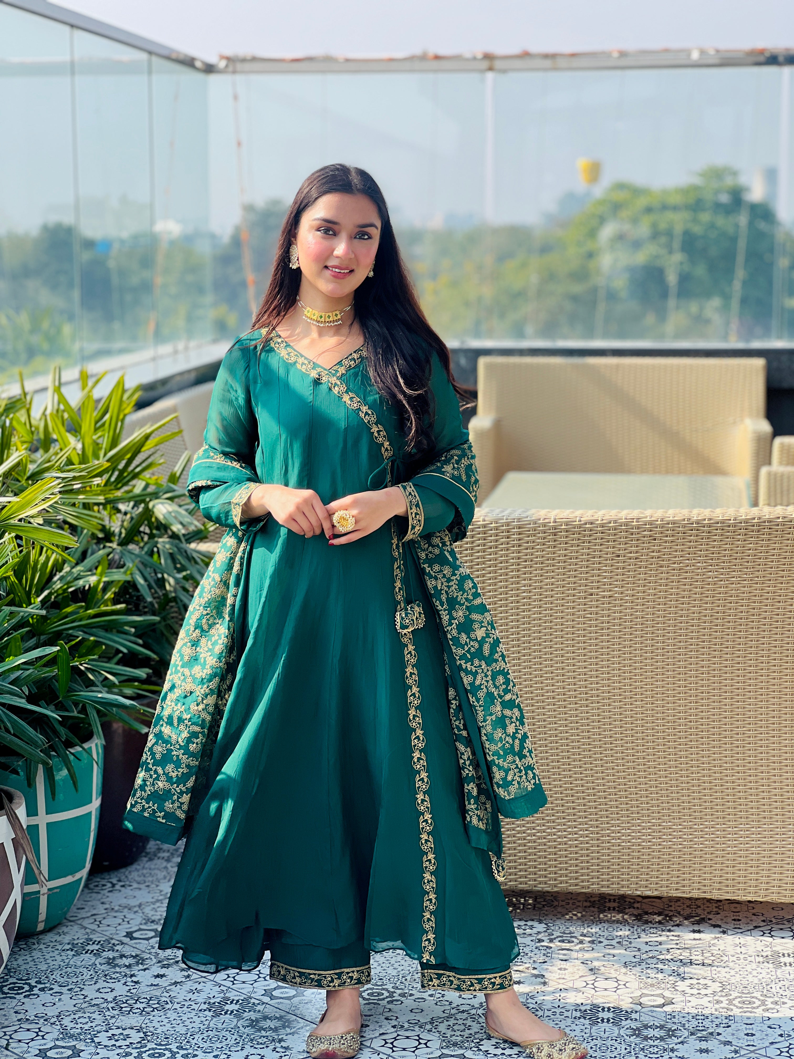 Simran Narang in Sunehri Green Angrakha Anarkali Set